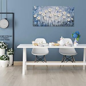 YHSKY ARTS Floral Canvas Wall Art Hand Painted Blue and White Heavy Textured Painting Modern Abstract Flower Pictures Contemporary Artwork for Living Room Bedroom Office Decoration