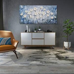 YHSKY ARTS Floral Canvas Wall Art Hand Painted Blue and White Heavy Textured Painting Modern Abstract Flower Pictures Contemporary Artwork for Living Room Bedroom Office Decoration