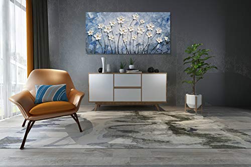 YHSKY ARTS Floral Canvas Wall Art Hand Painted Blue and White Heavy Textured Painting Modern Abstract Flower Pictures Contemporary Artwork for Living Room Bedroom Office Decoration