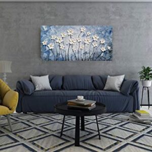 YHSKY ARTS Floral Canvas Wall Art Hand Painted Blue and White Heavy Textured Painting Modern Abstract Flower Pictures Contemporary Artwork for Living Room Bedroom Office Decoration