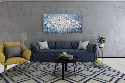 YHSKY ARTS Floral Canvas Wall Art Hand Painted Blue and White Heavy Textured Painting Modern Abstract Flower Pictures Contemporary Artwork for Living Room Bedroom Office Decoration