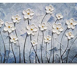 YHSKY ARTS Floral Canvas Wall Art Hand Painted Blue and White Heavy Textured Painting Modern Abstract Flower Pictures Contemporary Artwork for Living Room Bedroom Office Decoration