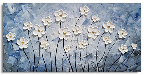 YHSKY ARTS Floral Canvas Wall Art Hand Painted Blue and White Heavy Textured Painting Modern Abstract Flower Pictures Contemporary Artwork for Living Room Bedroom Office Decoration