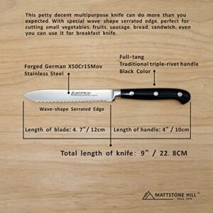 Serrated Utility Knife - MATTSTONE HILL 4.7" Kitchen Knife, German Stainless Steel Vegetable Knife, Paring Knife, Triple Rivet Handle