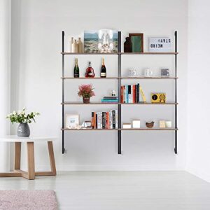 SUPER DEAL 4 Tier Bookcase, Floating Wall Mounted Bookshelf Hanging Wall Wood Shelves with Industrial Pipe Metal Frame, 30in L x 11.8in W x 64in H, Rustic Brown