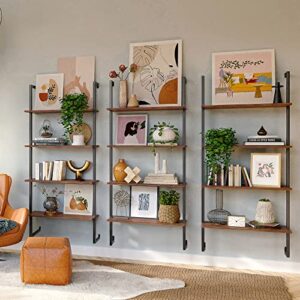 SUPER DEAL 4 Tier Bookcase, Floating Wall Mounted Bookshelf Hanging Wall Wood Shelves with Industrial Pipe Metal Frame, 30in L x 11.8in W x 64in H, Rustic Brown