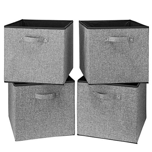 i BKGOO Foldable Fabric Storage Cube Bins with Cotton Rope Handle ,Set of 4 Collapsible Resistant Basket Box Organizer for Home Office Nursery and More – Gray 13x15x13 inch