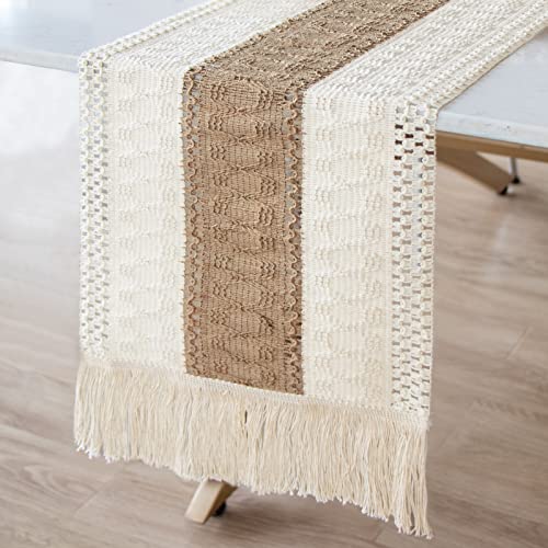 OurWarm Boho Table Runner Splicing Burlap Macrame Table Runner for Home Decor, Cream & Brown Farmhouse Table Runner with Tassels for Bohemian Rustic Wedding, Bridal Shower, Dinner (12x108 Inches)