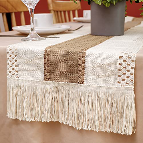 OurWarm Boho Table Runner Splicing Burlap Macrame Table Runner for Home Decor, Cream & Brown Farmhouse Table Runner with Tassels for Bohemian Rustic Wedding, Bridal Shower, Dinner (12x108 Inches)