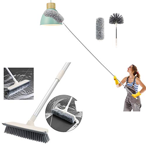 Telescoping Microfiber Duster Extendable Cobweb Duster and 2 in 1 Floor Scrub Brush with 55 inches Metal Adjustable Long Handle with Squeegee