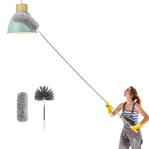 Telescoping Microfiber Duster Extendable Cobweb Duster and 2 in 1 Floor Scrub Brush with 55 inches Metal Adjustable Long Handle with Squeegee