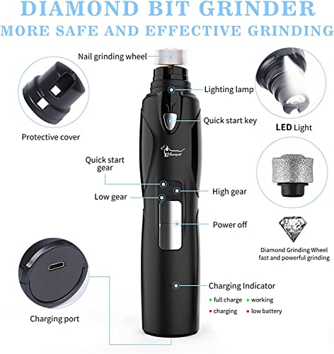 Dog Nail Grinder with Light & 2 Wheels, Low Noise More Powerful Dog Nail Clipper, Electric Pet Nail Trimmer File, Painless Paw Claw Care, Quiet USB Rechargeable Grooming Tool for L/M/S Dog/Cat/Bird