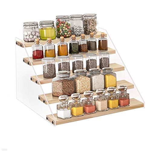 VAEHOLD Spice Rack Organizer for Cabinet & Countertop - Seasoning Organizer Spice Shelf - Space Saving Wooden Display Risers Shelf Showcase Fixtures Jewelry (5 Tier)