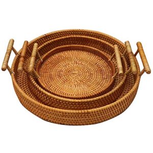 fialife rattan hand woven round decorative rustic serving wicker trays with handles for home / social events - bread basket, vegetable, fruits, snacks, crackers, and breakfast. set of 3.