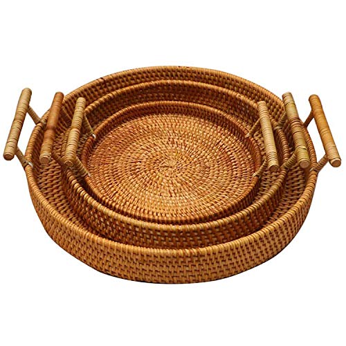 FiaLife Rattan Hand Woven Round Decorative Rustic Serving Wicker Trays with Handles for Home / Social Events - Bread Basket, Vegetable, Fruits, Snacks, Crackers, and Breakfast. Set of 3.