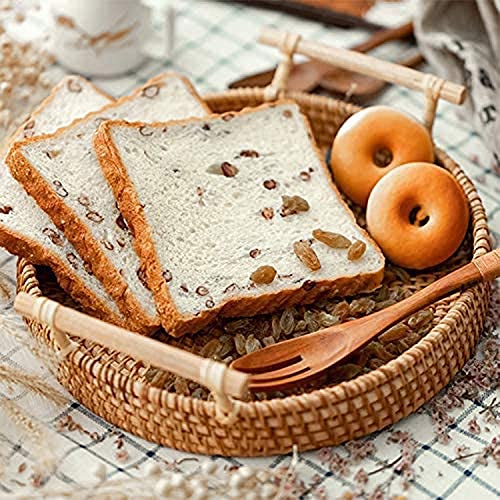 FiaLife Rattan Hand Woven Round Decorative Rustic Serving Wicker Trays with Handles for Home / Social Events - Bread Basket, Vegetable, Fruits, Snacks, Crackers, and Breakfast. Set of 3.