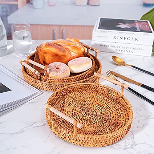 FiaLife Rattan Hand Woven Round Decorative Rustic Serving Wicker Trays with Handles for Home / Social Events - Bread Basket, Vegetable, Fruits, Snacks, Crackers, and Breakfast. Set of 3.