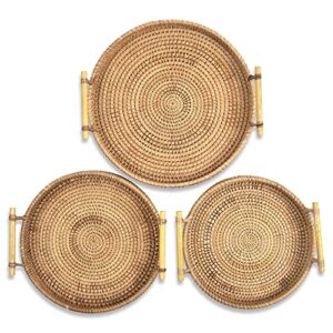FiaLife Rattan Hand Woven Round Decorative Rustic Serving Wicker Trays with Handles for Home / Social Events - Bread Basket, Vegetable, Fruits, Snacks, Crackers, and Breakfast. Set of 3.