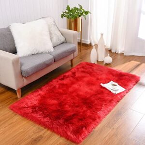 benron red sheepskin fluffy rug 3x5 ft, luxury faux fur rugs for kids girls nursery living room christmas decor shag furry carpet