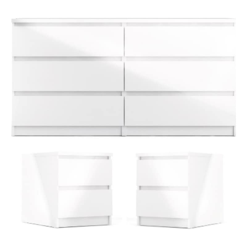 Home Square 3PC Set Engineered Wood with 2 Nightstands and 1 Double Dresser in White Gloss