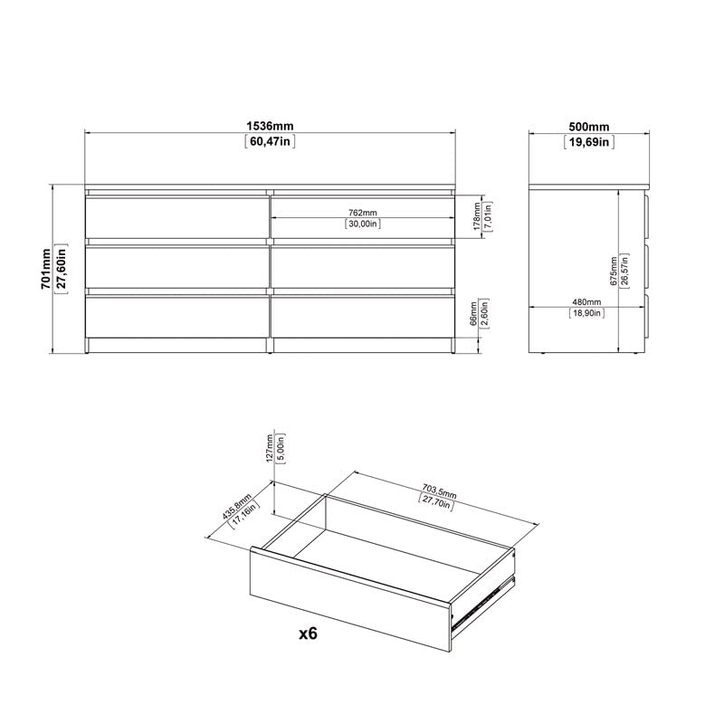 Home Square 3PC Set Engineered Wood with 2 Nightstands and 1 Double Dresser in White Gloss