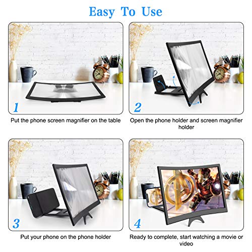 12‘’Screen Magnifier for Cell Phone Mobile Phone Magnifier Projector Screen for Movies and Videos. Easy to Use and Compatible with All Smartphones (Black)