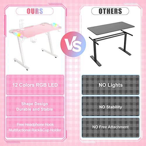 HomeMiYN Gaming Desk with LED Lights, 43.3'' Z Shaped RGB Effect Lighting Ergonomic Computer Game Desk PC Table Workstation with Headphone Hook & Cup Holder, Pink