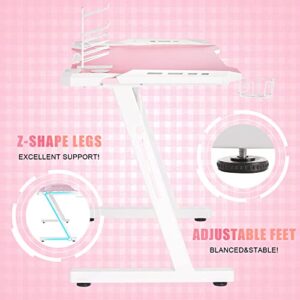 HomeMiYN Gaming Desk with LED Lights, 43.3'' Z Shaped RGB Effect Lighting Ergonomic Computer Game Desk PC Table Workstation with Headphone Hook & Cup Holder, Pink