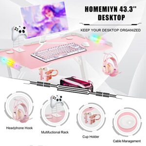 HomeMiYN Gaming Desk with LED Lights, 43.3'' Z Shaped RGB Effect Lighting Ergonomic Computer Game Desk PC Table Workstation with Headphone Hook & Cup Holder, Pink