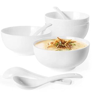 artena asian soup bowls with spoons set of 4, 26 oz pasta, ramen, pho bowls and soup spoons set, advanced porcelain elegant white cereal bowls for kitchen, dishwasher microwave oven safe bowls