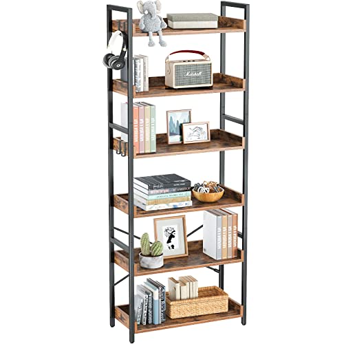 Rolanstar Bookshelf 6 Tier with 4 Hooks, Industrial Wood Bookcase, Vintage Storage Rack with Open Shelves, Rustic Standing Bookshelves Metal Frame Display Rack for Living Room, Bedroom, Rustic Brown