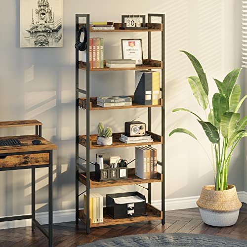 Rolanstar Bookshelf 6 Tier with 4 Hooks, Industrial Wood Bookcase, Vintage Storage Rack with Open Shelves, Rustic Standing Bookshelves Metal Frame Display Rack for Living Room, Bedroom, Rustic Brown