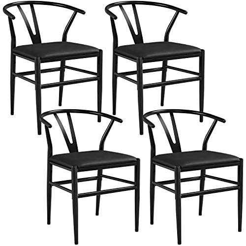 Yaheetech 4pcs Metal Dining Chair Y-Shaped Backrest Chair PU Leather Seat Solid Metal Arm Chairs, Black