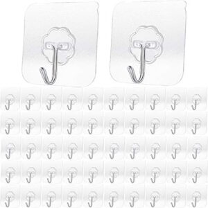 adhesive hooks - transparent reusable utility hooks heavy duty wall hooks 13lb(max) seamless hooks waterproof and oil proof for kitchen bathroom and kitchen (50)