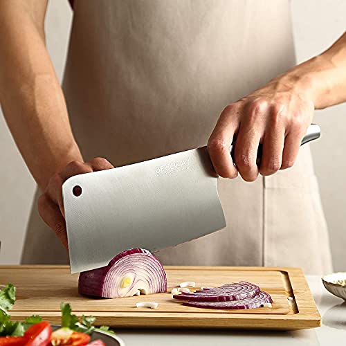 BECOKAY Meat Cleaver Knife, Professional 7 Inch Light Bone Chopping Butcher Knife with Heavy Duty Blade, German Stainless Steel Blade Chopper with Metal Handle, Chinese Chef Knife for Kitchen