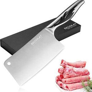 BECOKAY Meat Cleaver Knife, Professional 7 Inch Light Bone Chopping Butcher Knife with Heavy Duty Blade, German Stainless Steel Blade Chopper with Metal Handle, Chinese Chef Knife for Kitchen