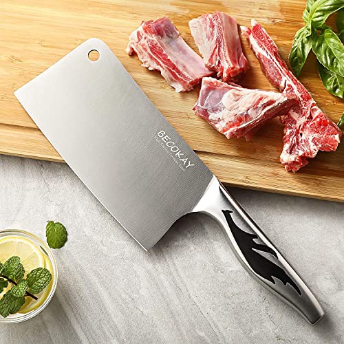 BECOKAY Meat Cleaver Knife, Professional 7 Inch Light Bone Chopping Butcher Knife with Heavy Duty Blade, German Stainless Steel Blade Chopper with Metal Handle, Chinese Chef Knife for Kitchen