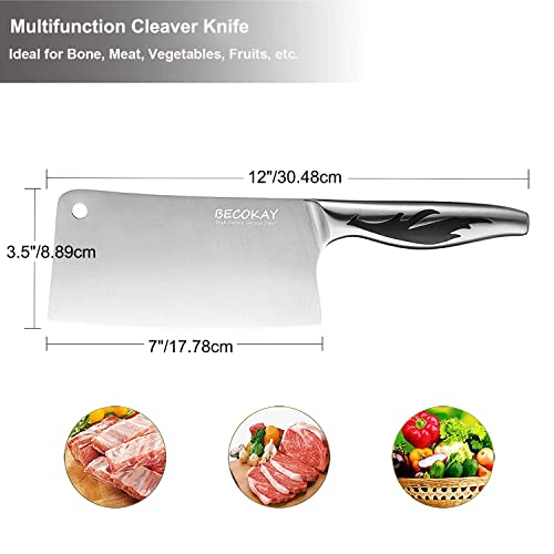 BECOKAY Meat Cleaver Knife, Professional 7 Inch Light Bone Chopping Butcher Knife with Heavy Duty Blade, German Stainless Steel Blade Chopper with Metal Handle, Chinese Chef Knife for Kitchen