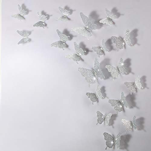 48 Pieces Butterfly Wall Decor DIY Mirror 3D Butterfly Stickers Removable Butterfly Decals for Home Nursery Classroom Kids Bedroom Bathroom Living Room Decor (Glitter Silver)