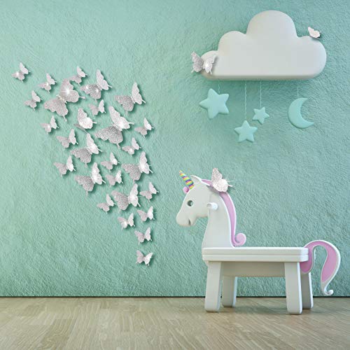 48 Pieces Butterfly Wall Decor DIY Mirror 3D Butterfly Stickers Removable Butterfly Decals for Home Nursery Classroom Kids Bedroom Bathroom Living Room Decor (Glitter Silver)