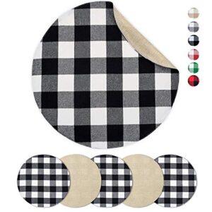 senneny round placemats set of 6 - black and white buffalo plaid placemats - reversible cotton and burlap placemats for round tables - farmhouse placemats for dining table