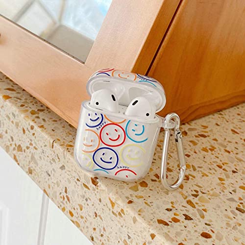 Airpods Case Cover,JANDM Cute Double Side Smiley Face Clear Soft Silicone Smooth Shockproof with Keychain Girls Kids Women airpods smiley face Case for Airpods 2 & 1 Charging Case Cover