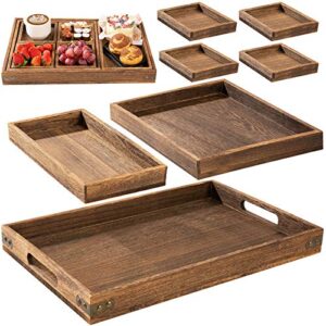 rustic wooden serving trays with handle - set of 7 - large/medium/small/mini-nesting multipurpose trays - for breakfast, coffee table/butler & more