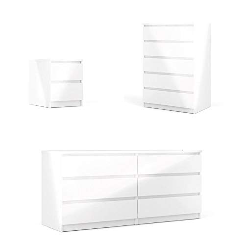 Home Square 3PC Set with 1 Nightstand 1 Chest and 1 Double Dresser in White Gloss