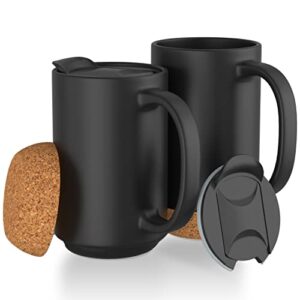 cork base ceramic mug with lid (set of 2) - 17 oz. oversized coffee mugs set with removable insulated cork bottom & spillproof lids - great for tea & hot cocoa - wash in dishwasher - black