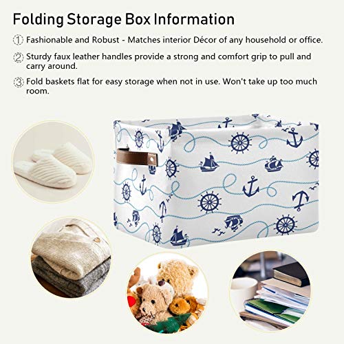 Anchor Rudder Sailboat Nautical Storage Basket Large Foldable Storage Organizer Cubes Bins with Leather Handles Sturdy Collapsible Boxes for Shelf Cloth Toy Closet-1 Pack