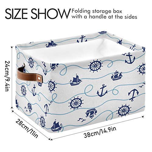 Anchor Rudder Sailboat Nautical Storage Basket Large Foldable Storage Organizer Cubes Bins with Leather Handles Sturdy Collapsible Boxes for Shelf Cloth Toy Closet-1 Pack