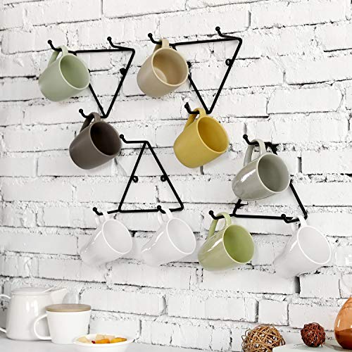 MyGift Matte Black Metal Triangular Coffee Mug Holder Wall Mount Display Rack with 3 Hooks, Set of 4