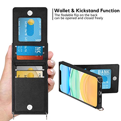 Vofolen for iPhone 11 Case Wallet Card Holder Leather PU Flip Cover Folio Lanyard Crossbody Strap Women Girl Magnetic Clasp Kickstand Square Heavy Duty Protective Bumper Armor for iPhone 11 Black