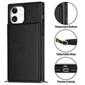 Vofolen for iPhone 11 Case Wallet Card Holder Leather PU Flip Cover Folio Lanyard Crossbody Strap Women Girl Magnetic Clasp Kickstand Square Heavy Duty Protective Bumper Armor for iPhone 11 Black